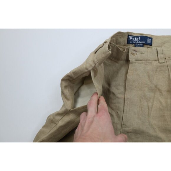 Vintage 90s Ralph Lauren Mens 32 Distressed Linen Above Knee Chino Shorts Beige - Picture 9 of 16